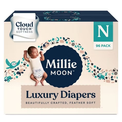 Millie Moon Luxury Diapers box, newborn size, 96 pack — navy and cream packaging