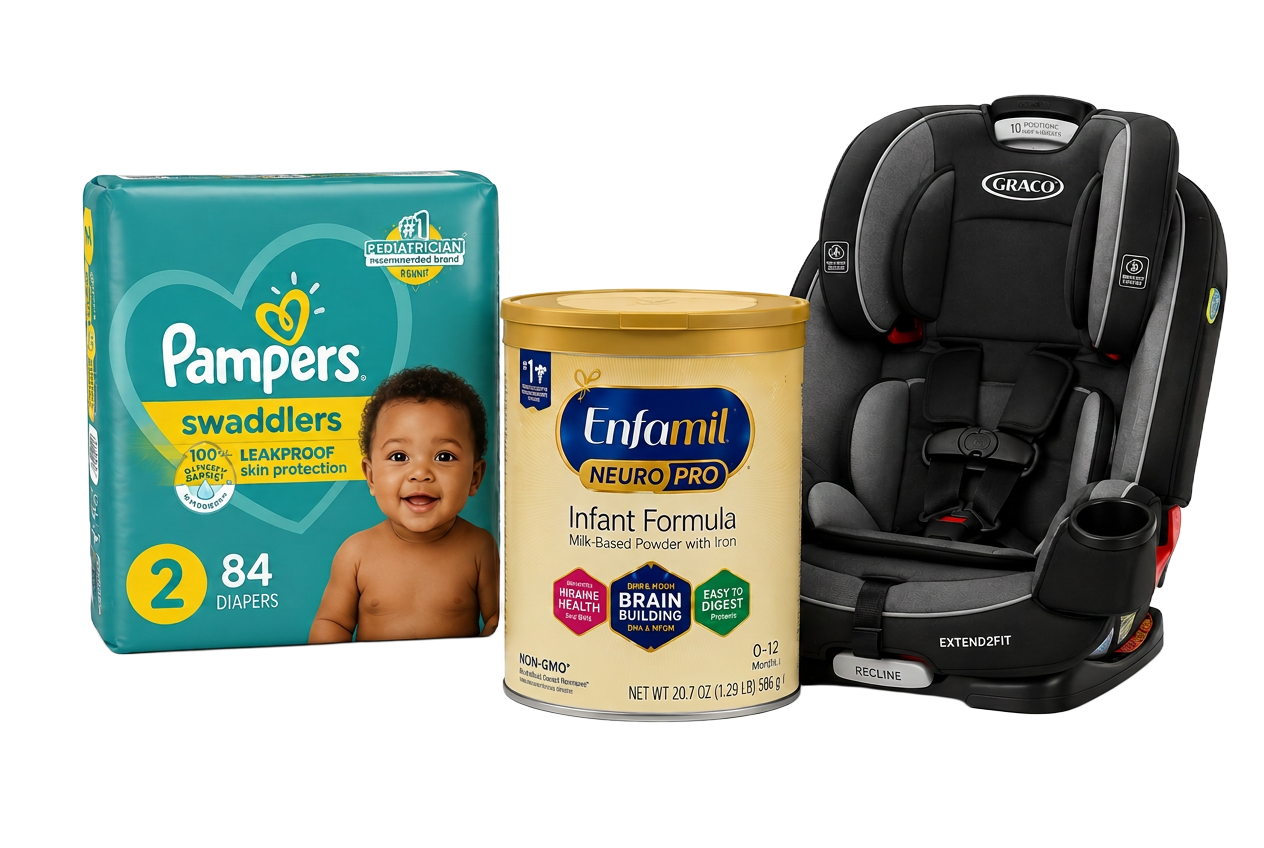 Millie Moon diapers, Enfamil formula, and Graco car seat