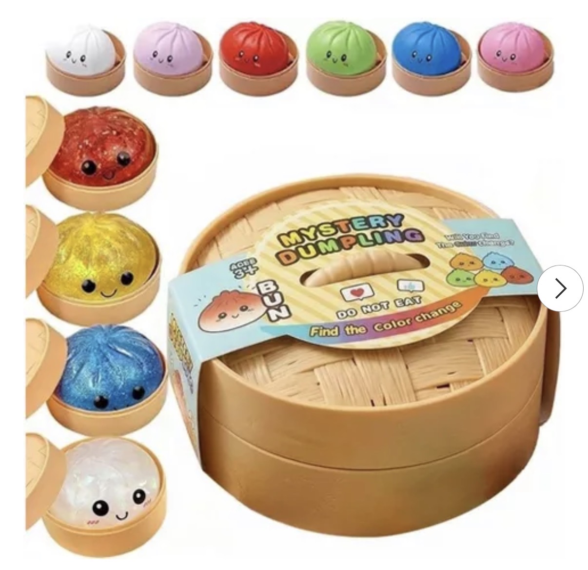 Basket-style Squeezy Dumplings squishy toys: pastel smiling dumpling balls in small woven-look plastic baskets, sold as Mystery Dumpling