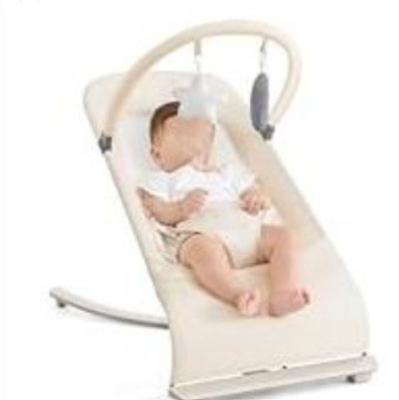 Flyboss 3-in-1 portable infant bouncer in a neutral color with a hanging toy bar