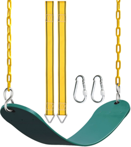 Recalled PACEARTH U-type swing seat with yellow plastic-coated chains, yellow webbing straps and metal carabiners. Official CPSC image.