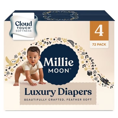 Millie Moon Luxury Diapers box, size 4, 72 pack — navy and cream packaging