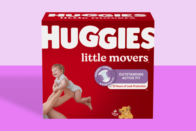 Huggies Little Movers diapers package showing the Little Movers name and a baby on the front