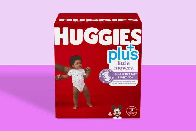 Huggies Plus Little Movers diapers package, the Costco-exclusive Little Movers line