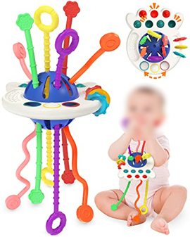 Colorful six-string pull-string teething toy. Official CPSC identification image for Yetonamr.