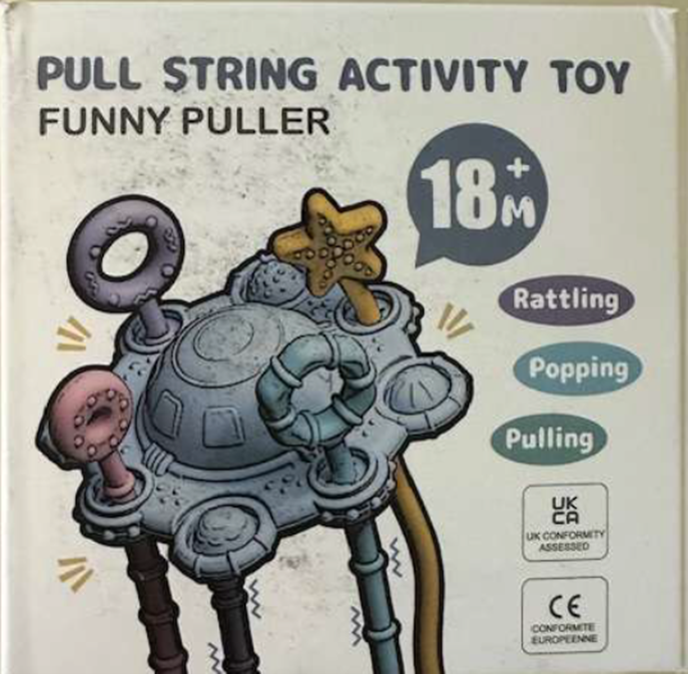 “Pull String Activity Toy” is printed on the front of the Etetoo pull string toy’s packaging