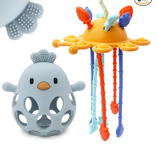 Recalled CuddleCubs Creation Baby Highchair Teething Toy Set, Color “BlueOrange” (Pull String Teething Toy on right)