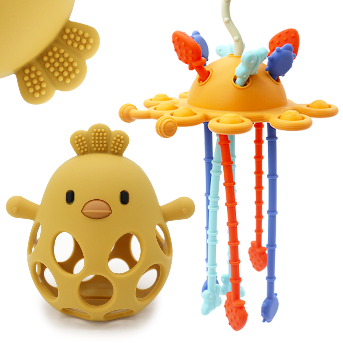 Recalled CuddleCubs Creations Baby Highchair Teething Toy Set, Color “YellowOrange” (Pull String Teething Toy on top right)