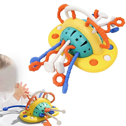 Yellow-base highchair pull-string toy with teal center. Official CPSC identification image for Warm Feather.