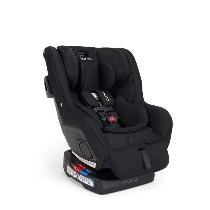 Nuna RAVA Next convertible car seat in Caviar black, shown at an angle
