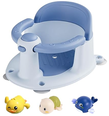 Recalled YCXXKJ baby bath seat in blue with three detachable bath toys